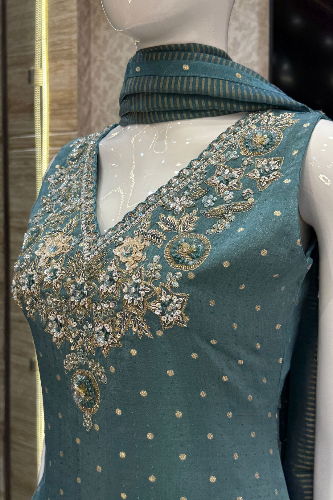 Rama Blue Banaras Zari, Beads, Sequins, Mirror, Stone and Zardozi work Palazzo Salwar Suit
