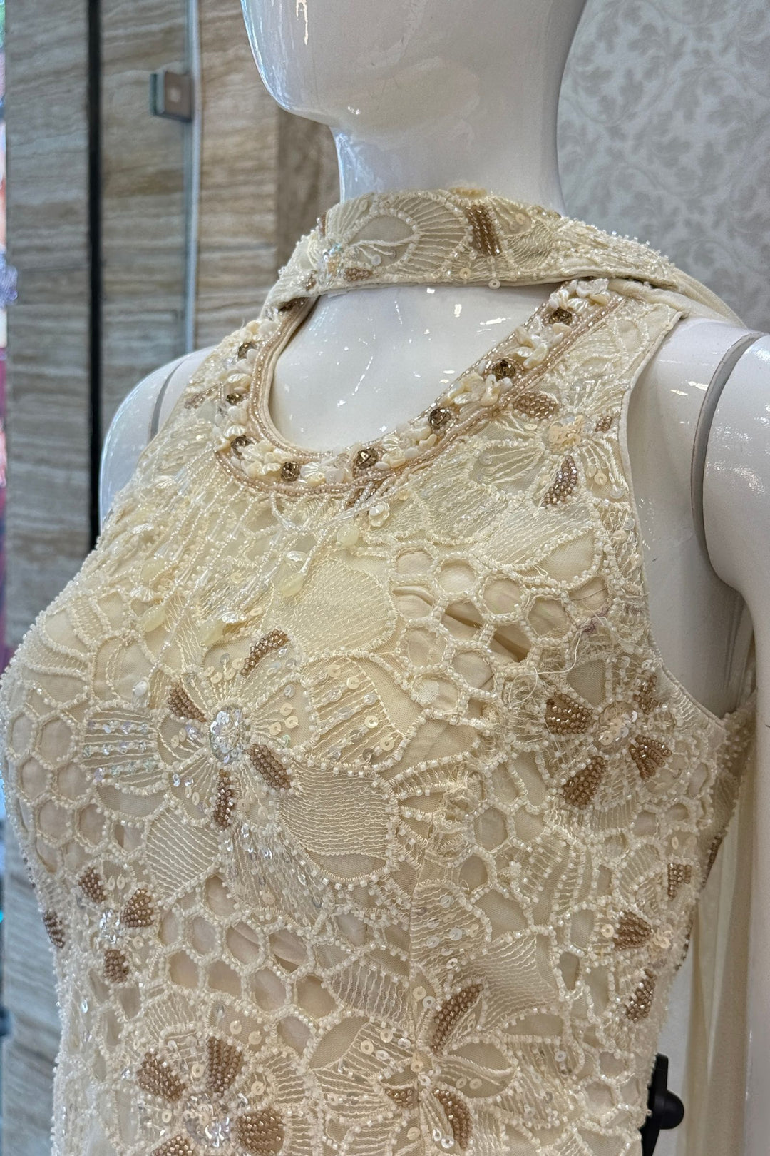 Cream Indo-Western Styled Beads, Sequins and Thread work Top and Cowl Skirt