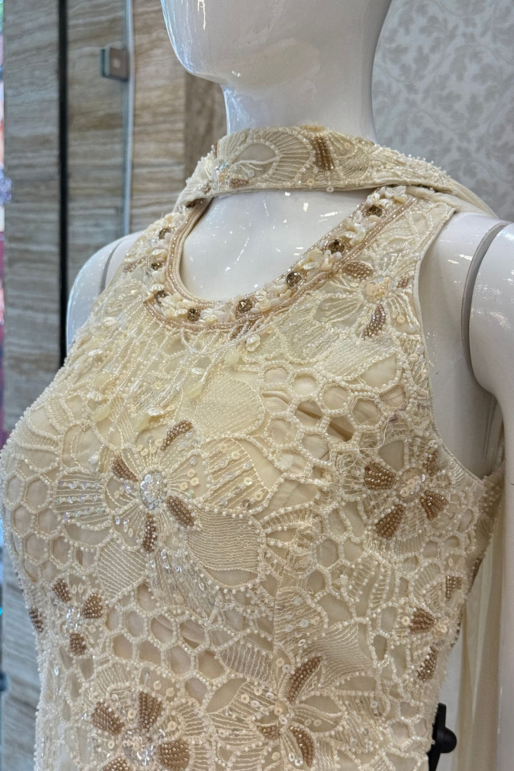 Cream Indo-Western Styled Beads, Sequins and Thread work Top and Cowl Skirt