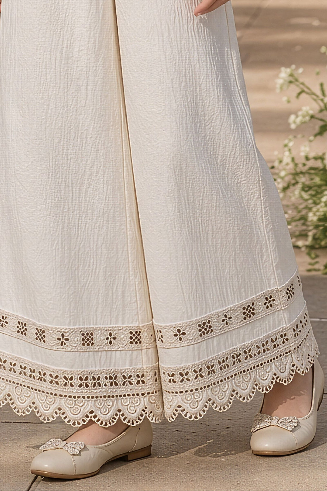 Cream Zari work Top and Palazzo Set for Girls
