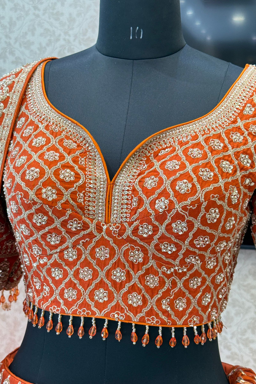 Rust Handworked Zardozi, Sequins, Pearl and Beads work Crop Top Designer Bridal Lehenga
