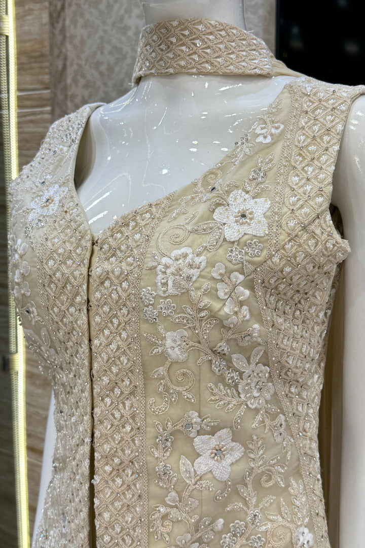 Cream Stone, Zari, Thread, Sequins and Beads work Salwar with Palazzo Pant