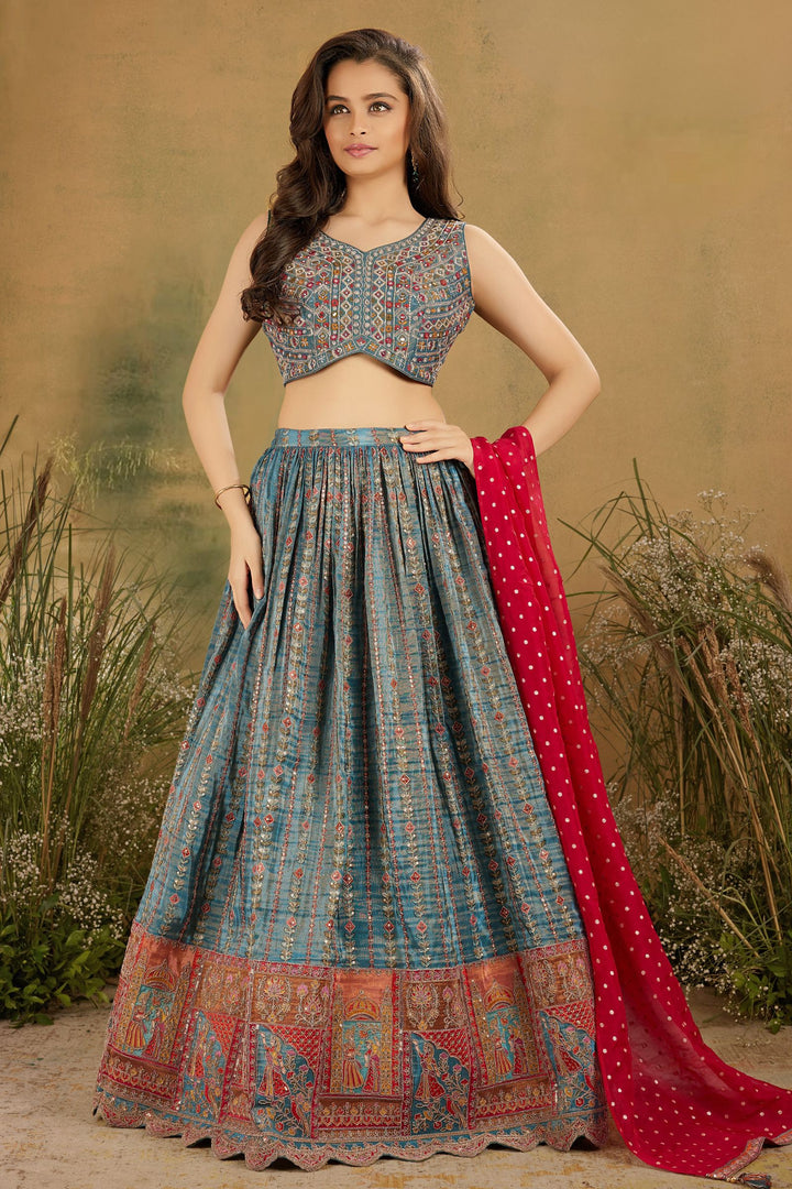 Green Mirror, Thread, Beads, Zari and Stone work Lehenga Choli for Girls