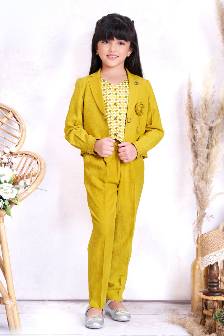 Neon Yellow Printed Overcoat Styled Co-ord Set for Girls