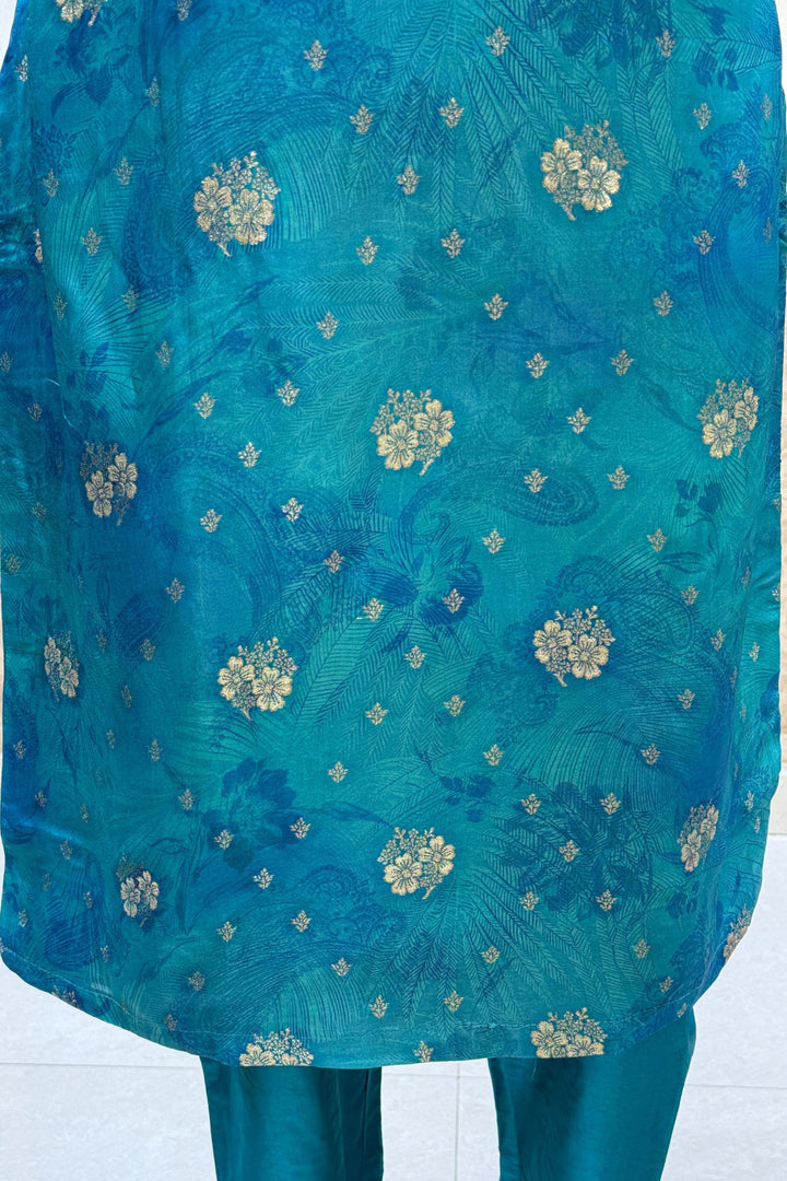 Rama Blue Mirror, Zardozi, Zari and Banaras work with Digital Print Straight Cut Salwar Suit