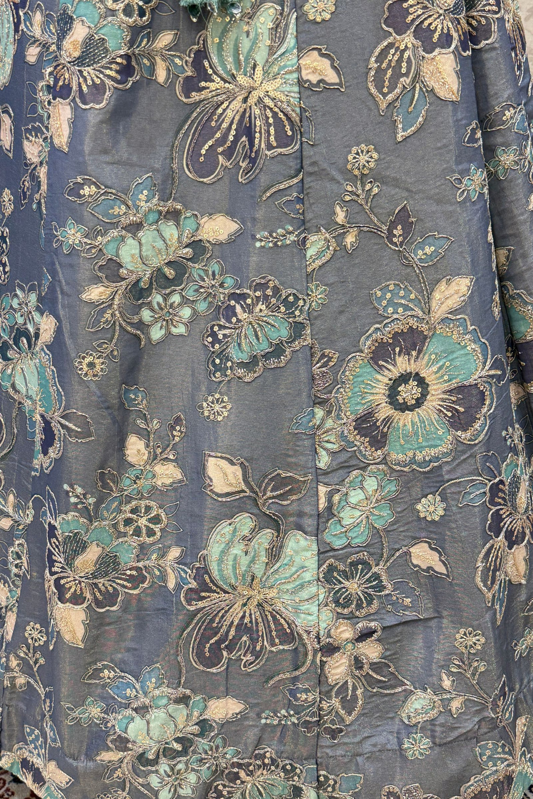 Grey Beads, Sequins, Zardozi and Multicolor Thread work with Digital Print Crop Top Lehenga