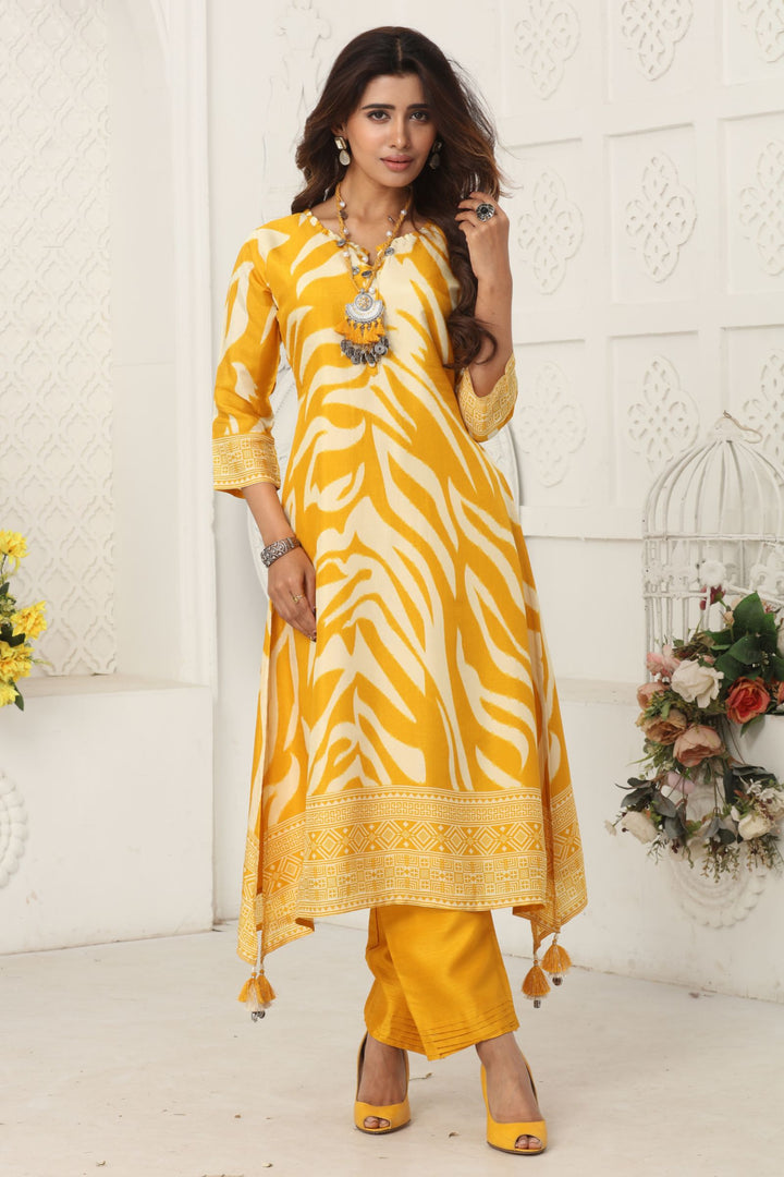 Yellow with Digital Print A-line Cut Salwar Suit