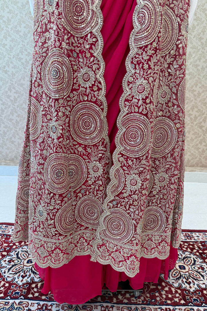 Rani Pink Drape Style Lehenga with Sequins, Stone and Zari work Long Overcoat