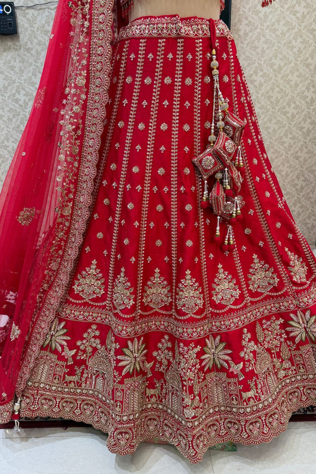 Red Beads, Zari, Zardozi, Thread and Sequins work Crop Top Designer Bridal Lehenga