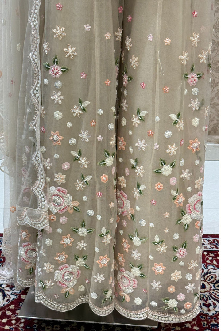 Beige Beads, Sequins and Multicolor Embroidery work Palazzo Salwar Suit