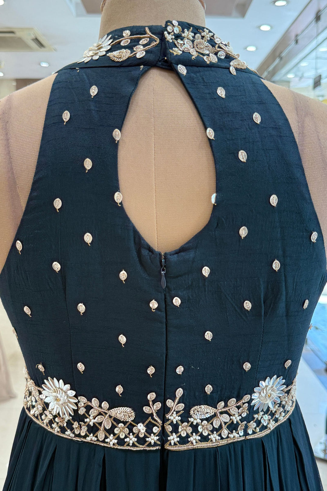 Peacock Green Beads and Zari work Halter Neck Floor Length Anarkali Suit