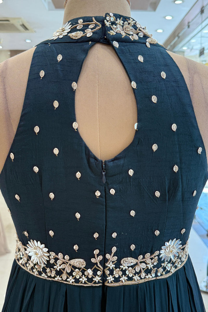 Peacock Green Beads and Zari work Halter Neck Floor Length Anarkali Suit