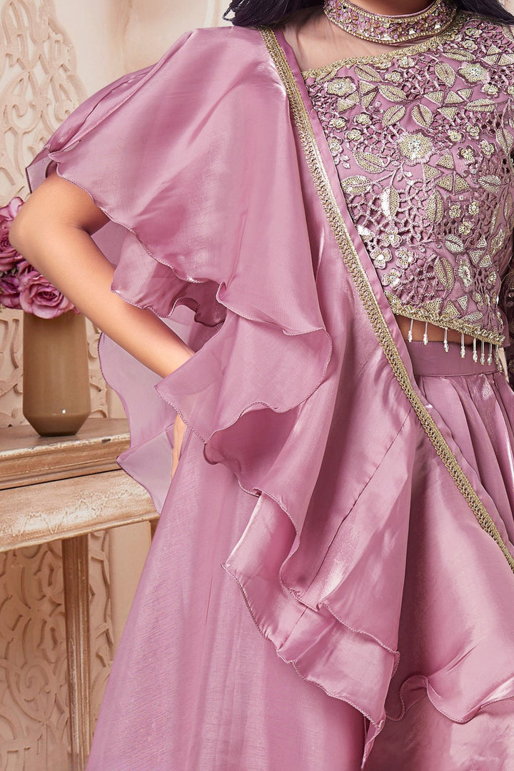 Lavender Embroidery, Sequins, Beads, Mirror, Zari and Stone work Lehenga Choli for Girls