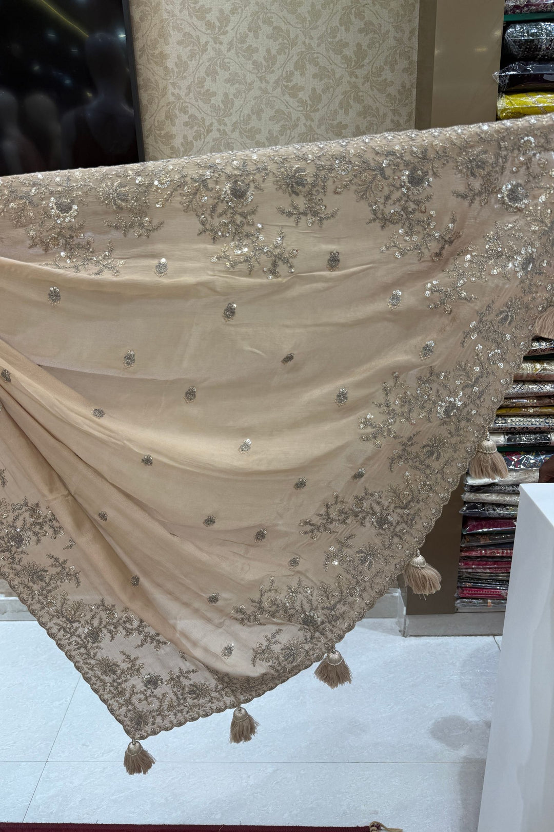 Beige Zari and Sequins work Saree