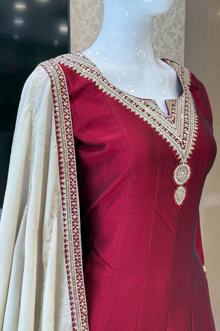 Maroon Sequins and Zari work A-line Cut Salwar Suit