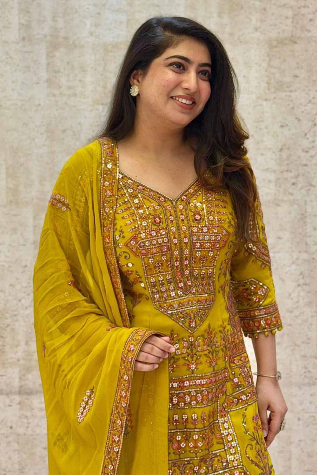 Mustard Sequins, Zardozi, Beads and Multicolor Thread work Palazzo Salwar Suit