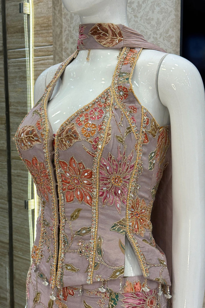 Lilac Halter Neck Palazzo Set with Zardozi, Zari, Beads, Sequins, Stone and Mirror Detailing