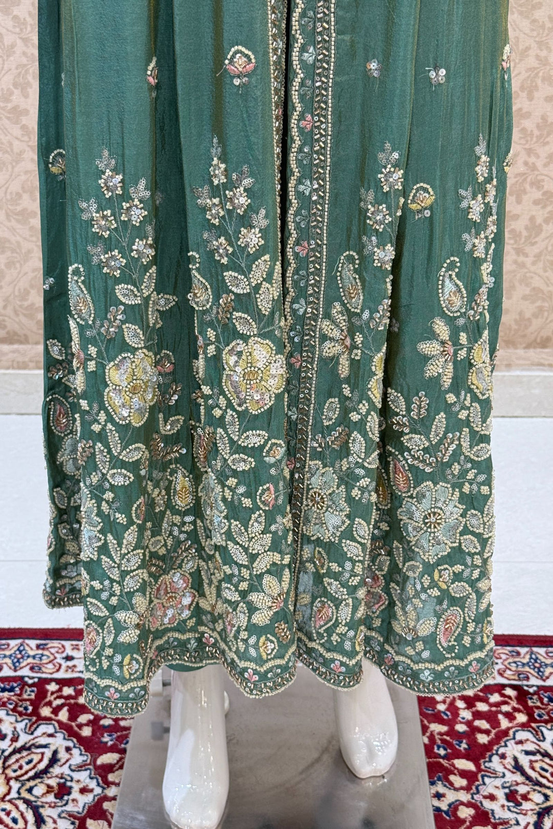 Sea Green Beads, Sequins and Thread work Long Top with Straight Pant