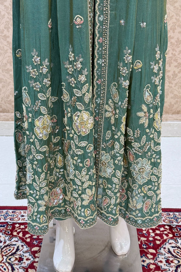 Sea Green Beads, Sequins and Thread work Long Top with Straight Pant