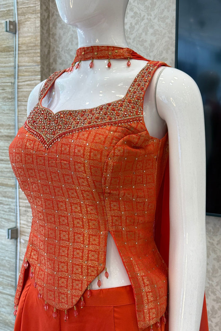 Orange Banaras, Stone, Mirror and Beads work Palazzo Suit Set