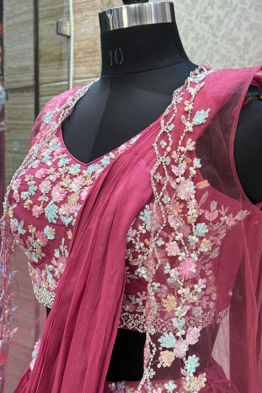 Onion Pink Sequins, Stone and Pearl work Indo-Western Styled Crop Top Lehenga  with Overcoat