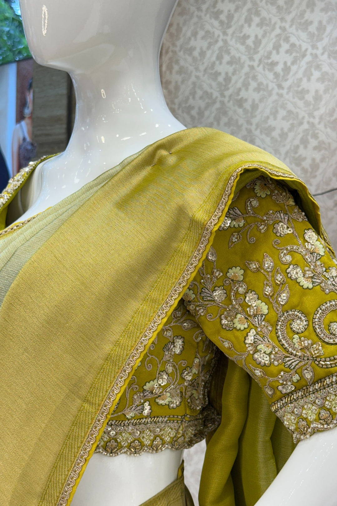 Pista Green Saree with Beads, Sequins, Zardozi and Zari work Readymade Blouse