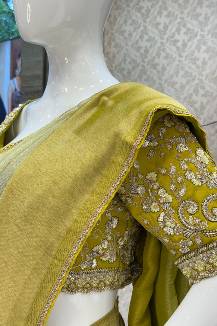 Pista Green Saree with Beads, Sequins, Zardozi and Zari work Readymade Blouse