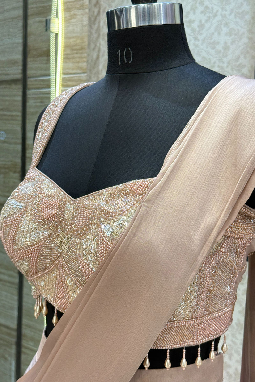 Beige Readymade Saree with Beads, Sequins and Pearl work Readymade Blouse