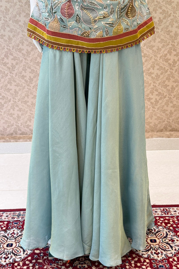 Sea Green Set Featuring All-Over Multicolour Thread and Bead Leaf Embroidery