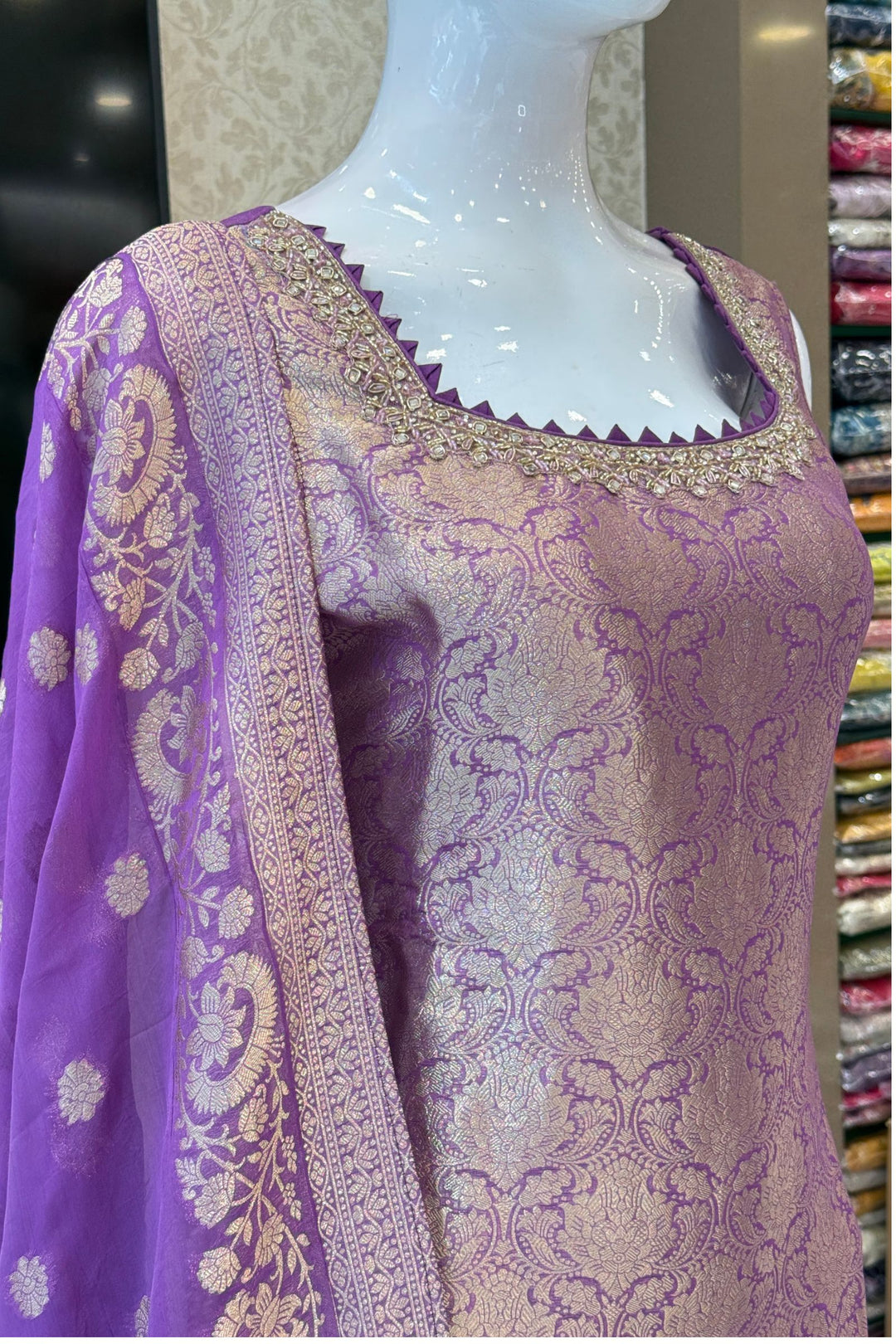 Lavender Beads, Mirror, Stone, Banaras and Brocade work Straight Cut Salwar Suit