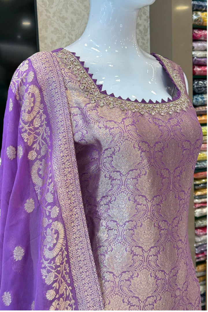 Lavender Beads, Mirror, Stone, Banaras and Brocade work Straight Cut Salwar Suit