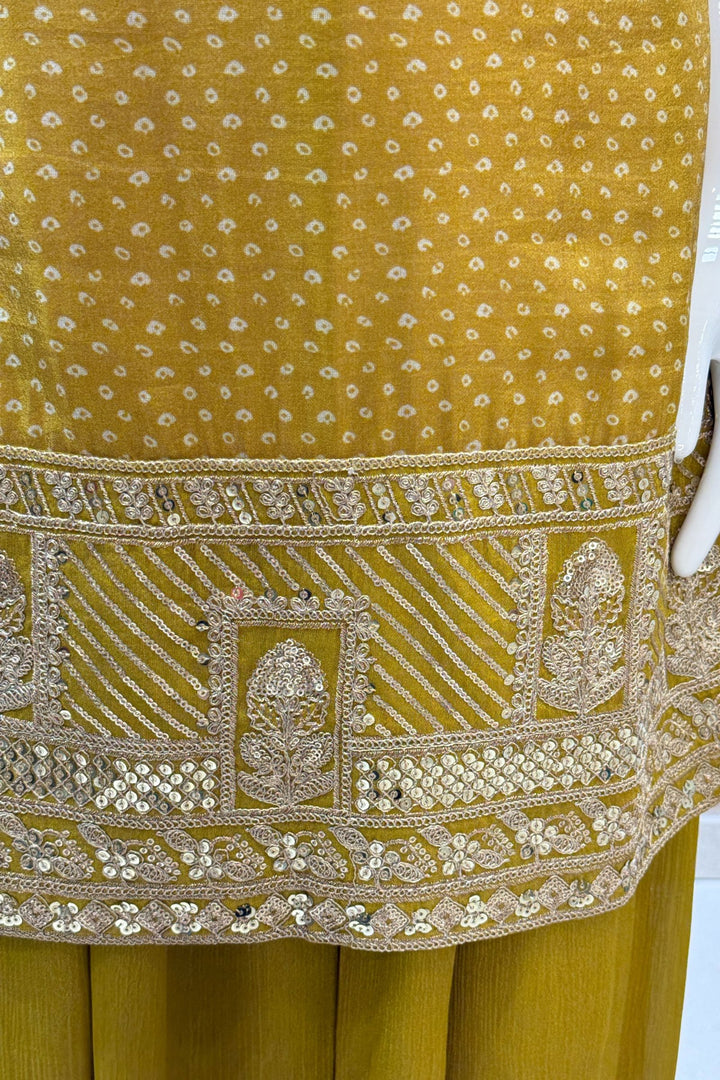 Mustard Sequins, Beads, Stone and Zari work with Bandini Print Palazzo Salwar Suit
