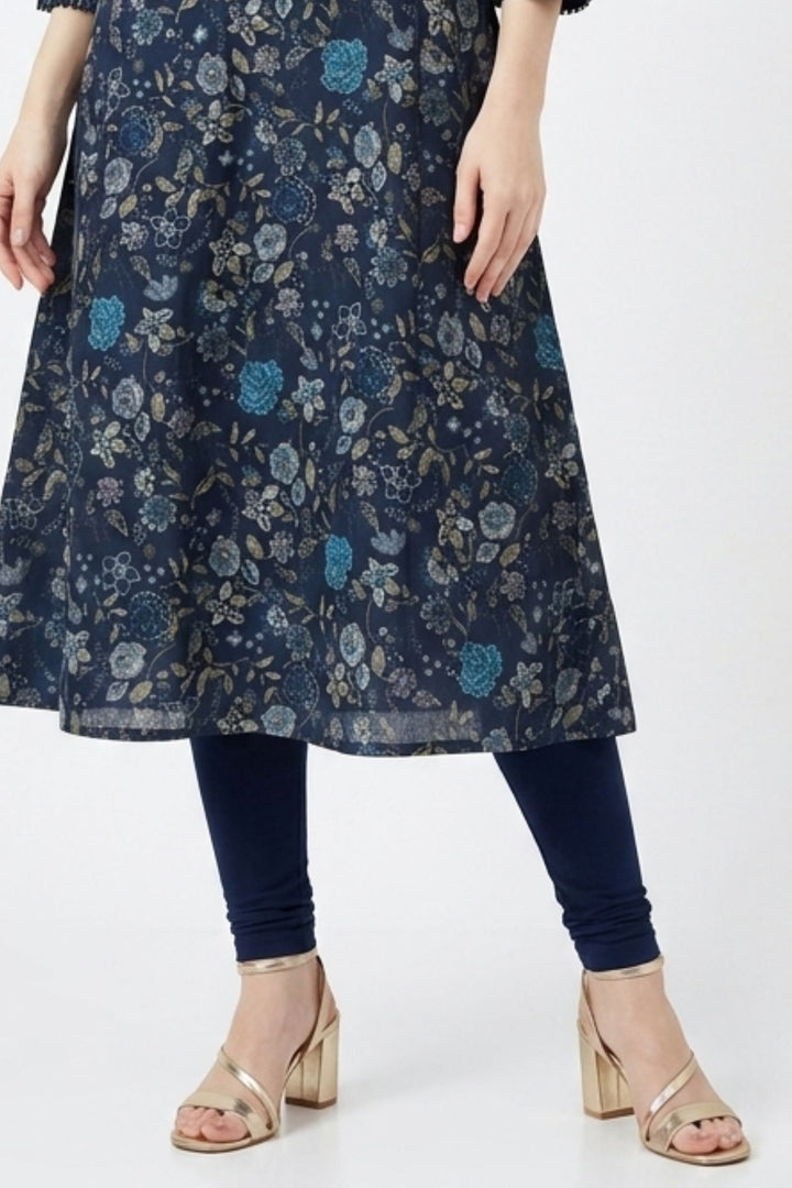 Navy Blue Embroidery and Stone work with Floral Print A-Line Cut Calf Length Kurti