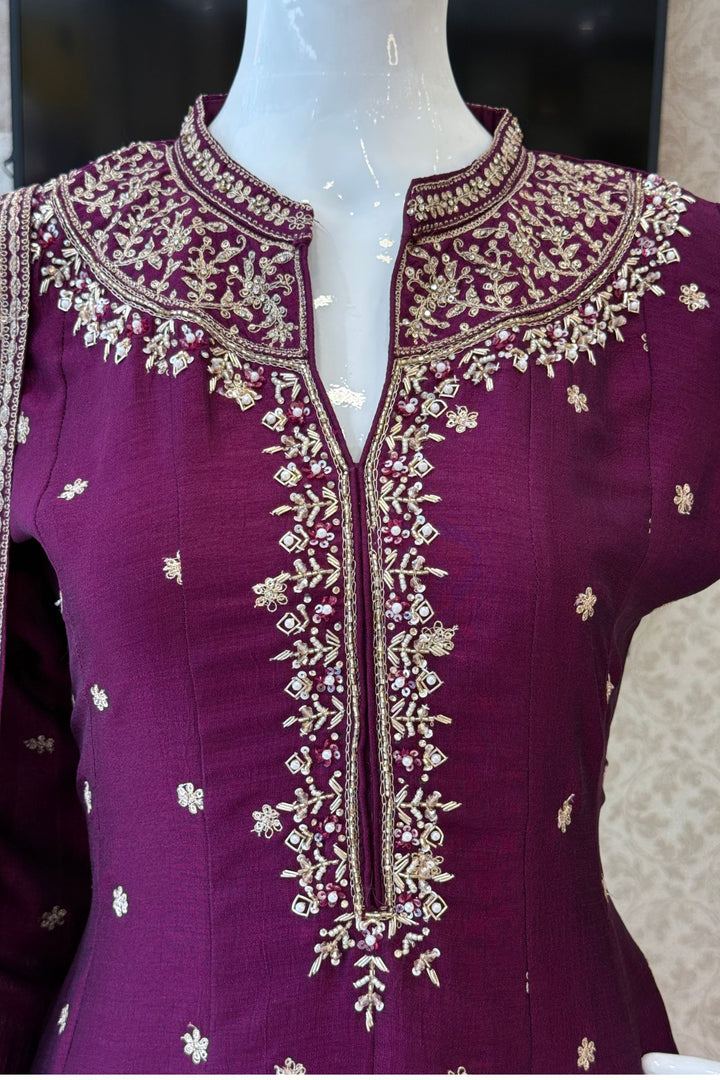 Wine Zari, Zardozi, Sequins and Stone work A-line Cut Salwar Suit