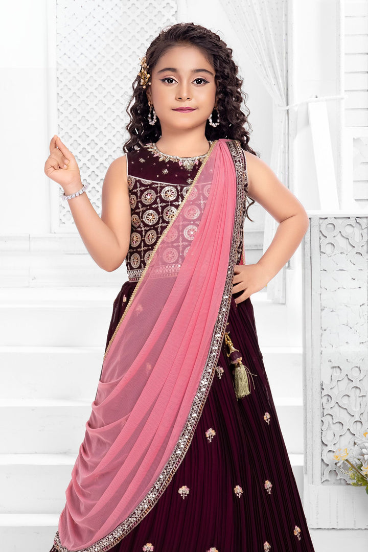 Maroon Sequins, Stone and Thread work Lehenga Choli for Girls