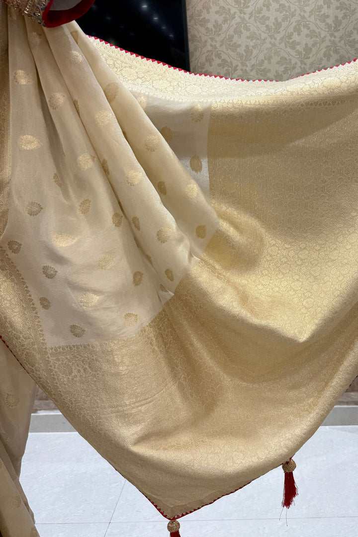 Cream Banaras work Saree with Beads, Zari and Sequins work Readymade Blouse