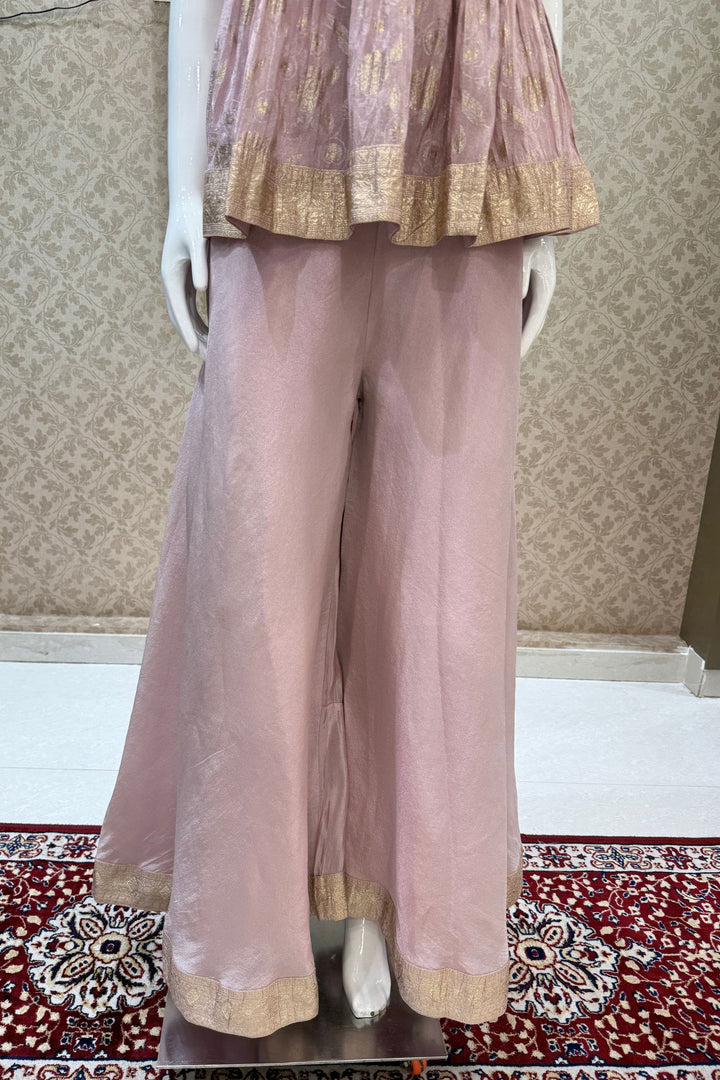 Baby Pink Banaras, Beads, Zardozi, Stone and Mirror work Peplum Top with Palazzo Suit Set