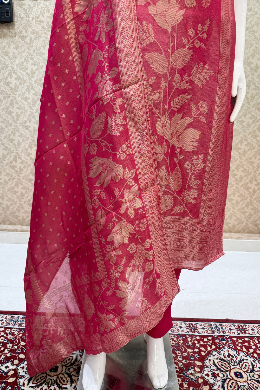 Rani Pink Brocade, Zardozi, Beads, Thread, Stone and Zari work Straight Cut Salwar Suit