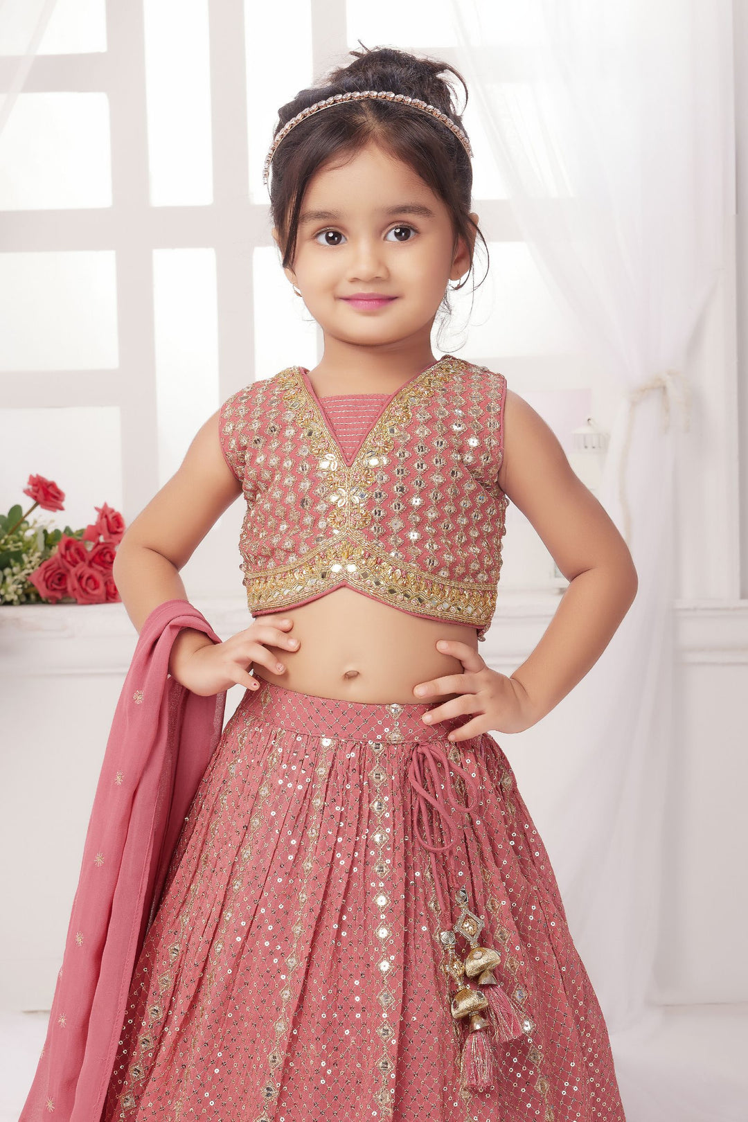 Onion Pink Sequins, Zari, Mirror and Beads work Lehenga Choli for Girls