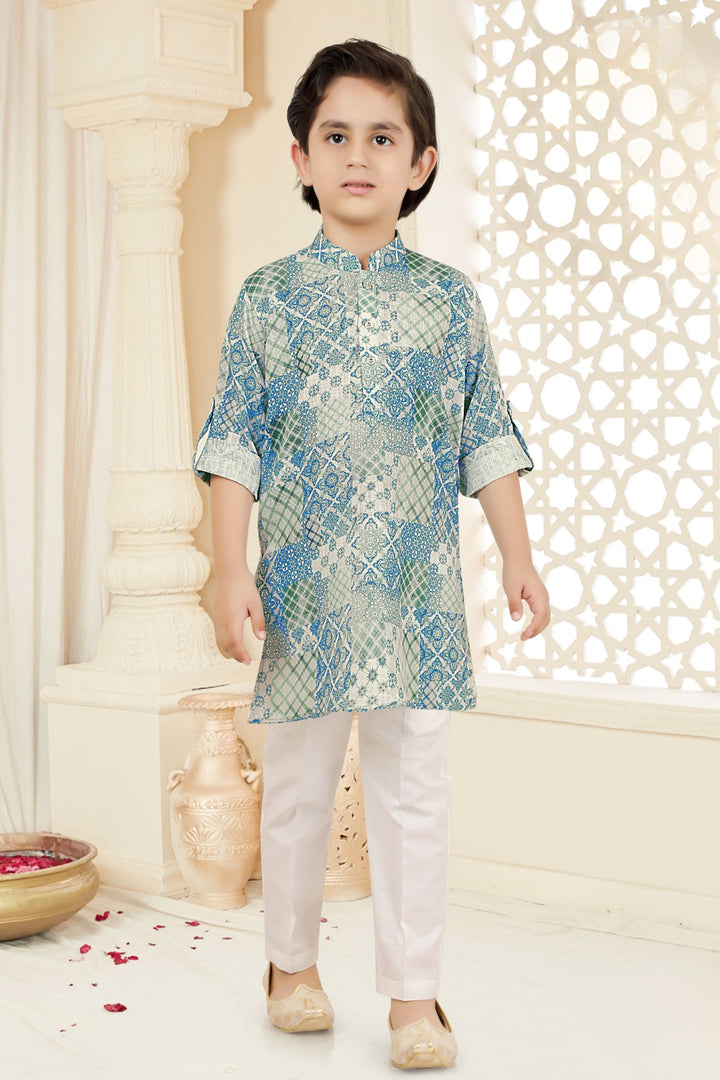 Green with White Printed Kurta Set for Boys