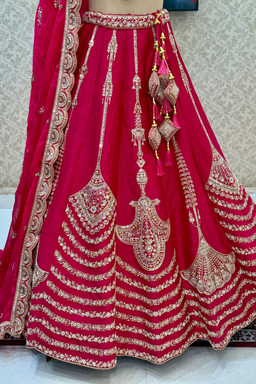 Rani Pink Zari, Sequins, Beads and Zardozi work Crop Top Designer Bridal Lehenga with Belt