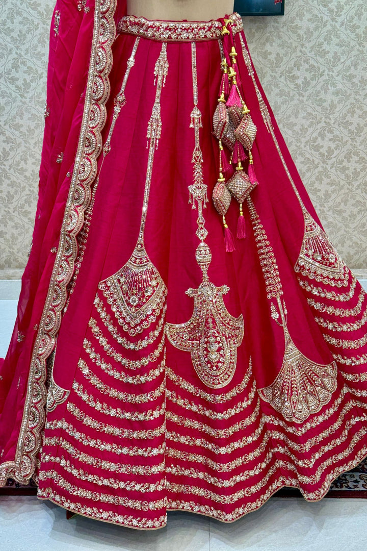 Rani Pink Zari, Sequins, Beads and Zardozi work Crop Top Designer Bridal Lehenga with Belt