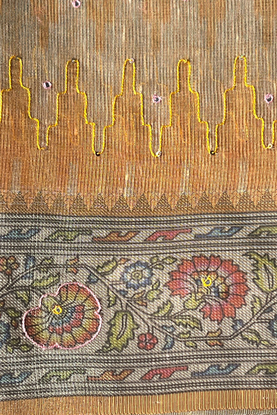 Golden Tissue Saree with Floral Print and Thread work