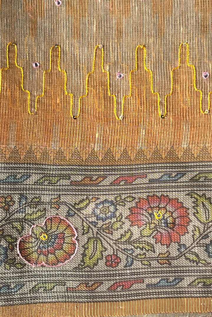 Golden Tissue Saree with Floral Print and Thread work