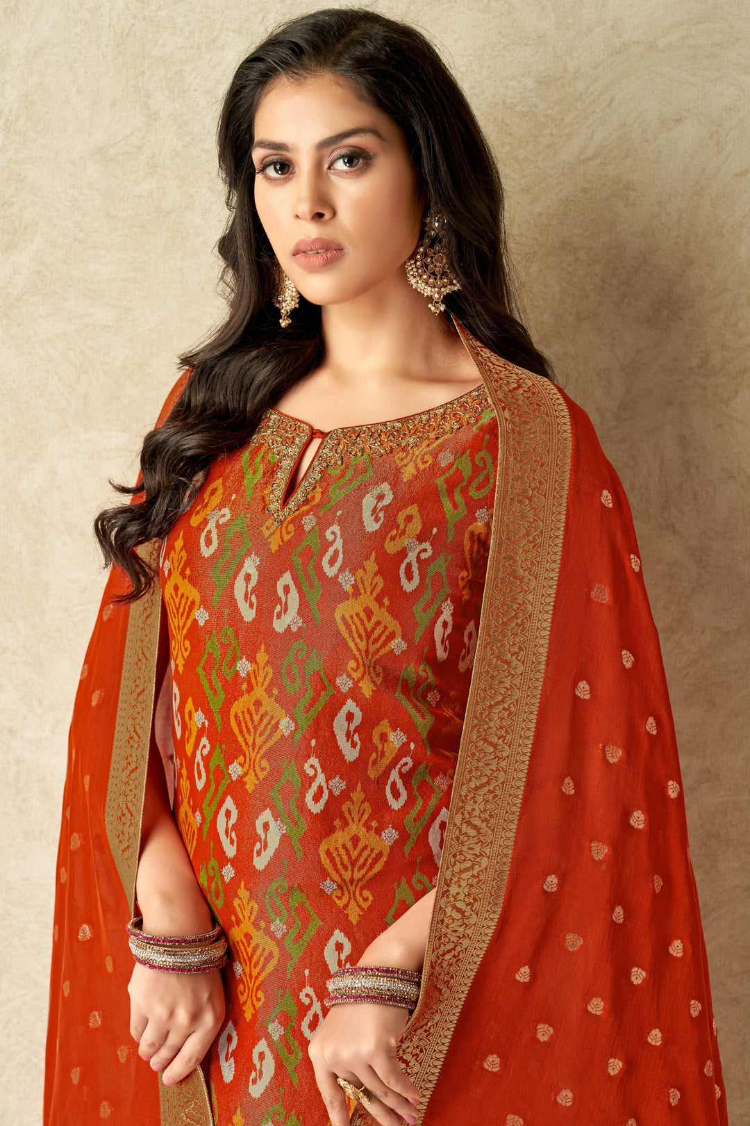 Orange Mirror, Zari, Zardozi and Banaras work Straight Cut Salwar Suit