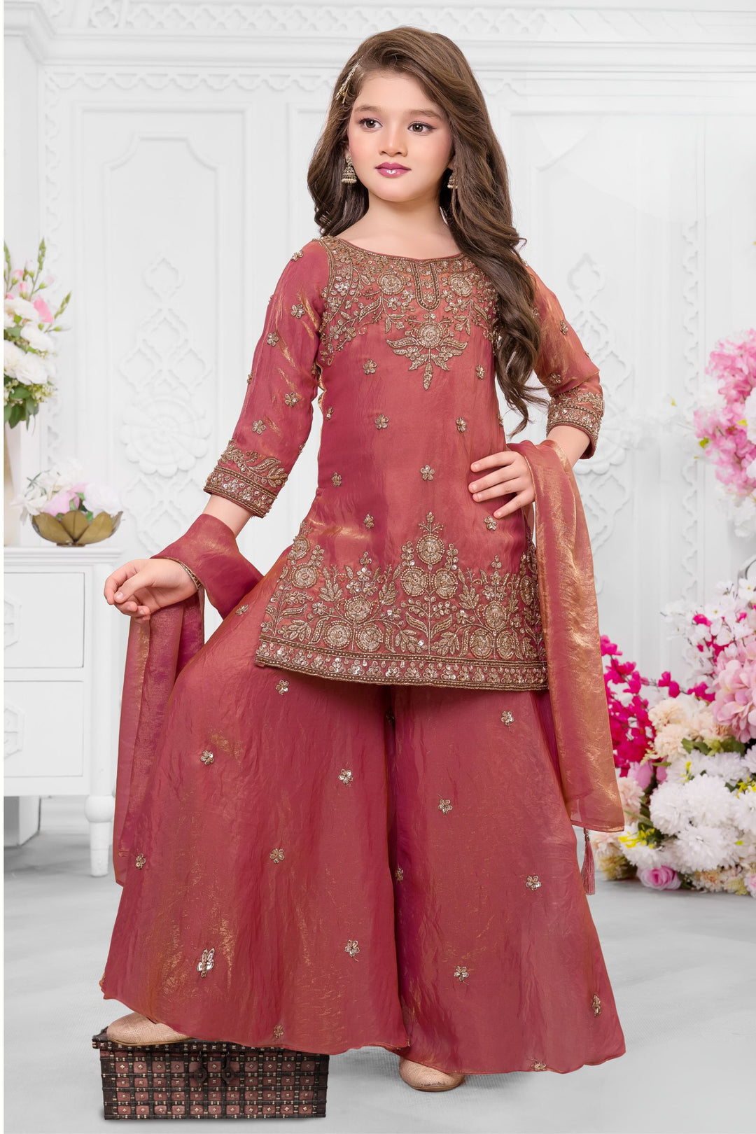 Peach Beads, Zari and Sequins work Palazzo Suit Set for Girls