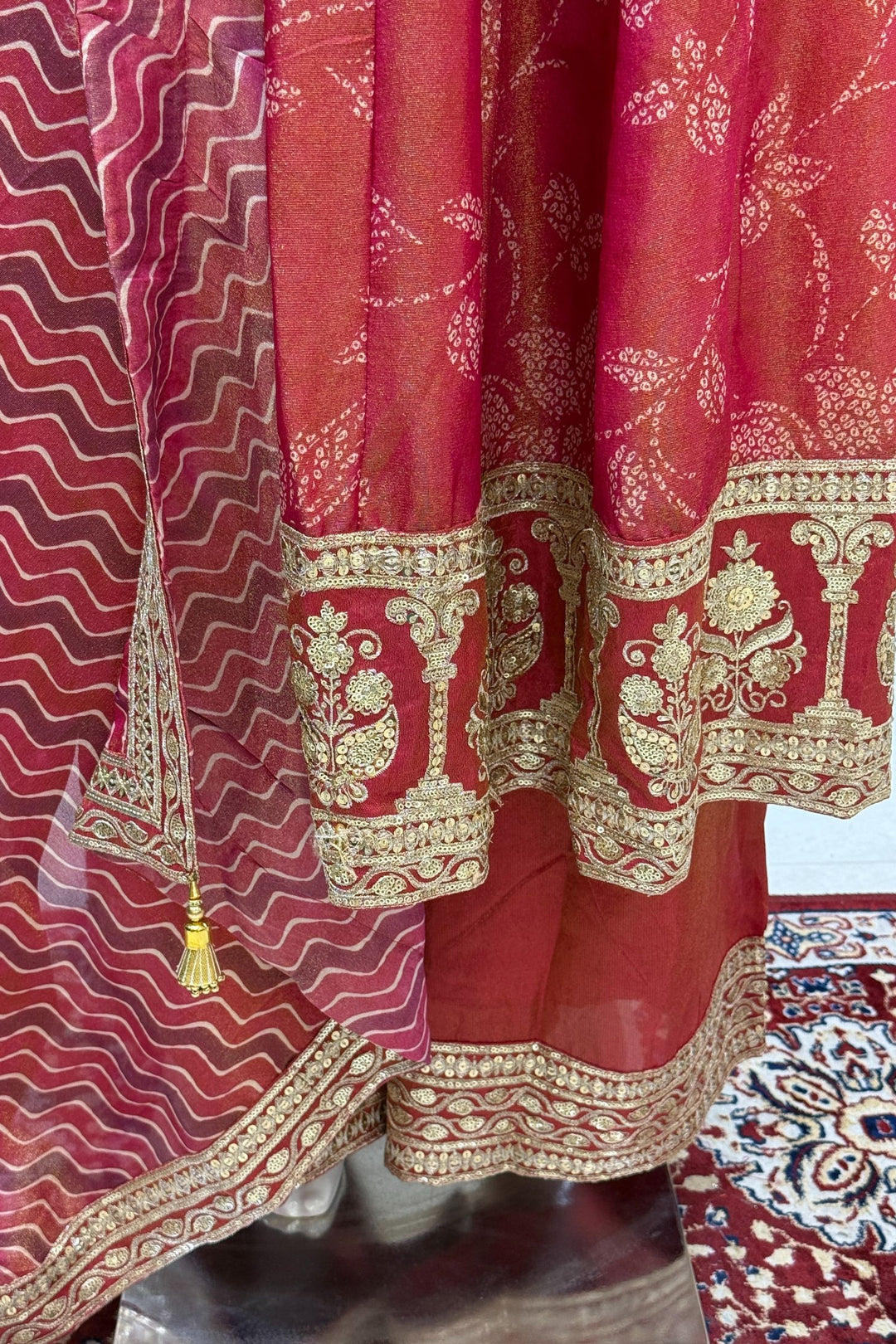 Pinkish Red Beads work with Digital Print Anarkali Style Salwar Suit with Palazzo Pant