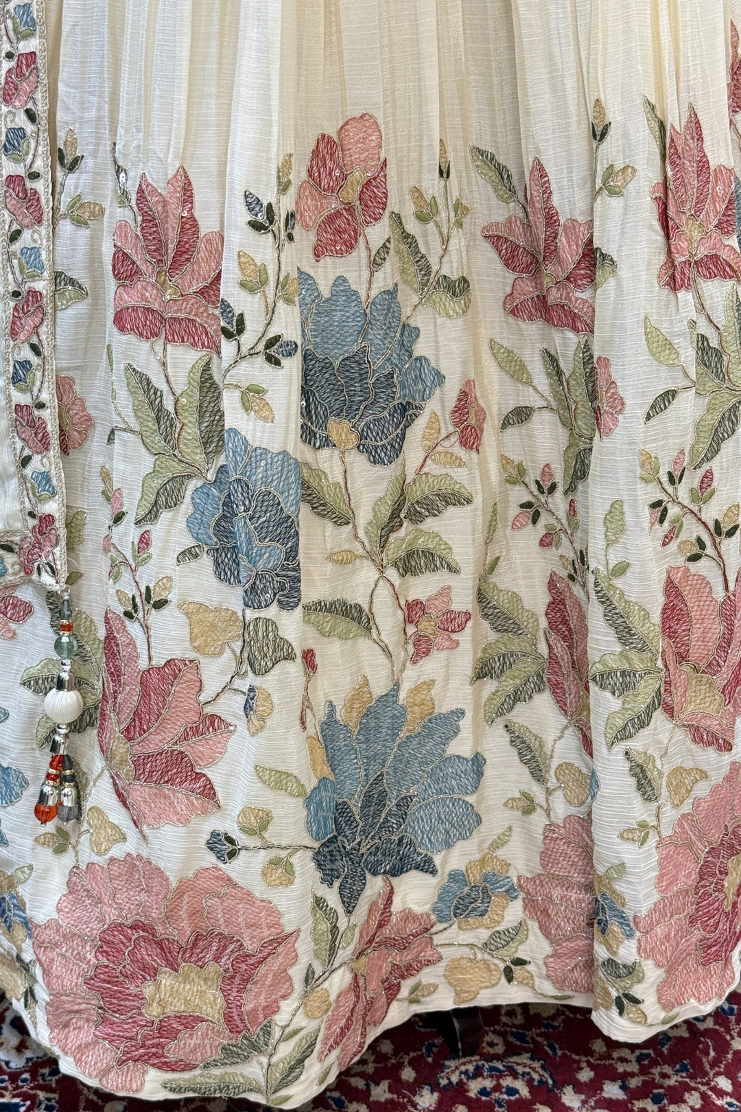 Cream Multicolor Thread, Beads, Zari Thread and Sequins work Crop Top Lehenga