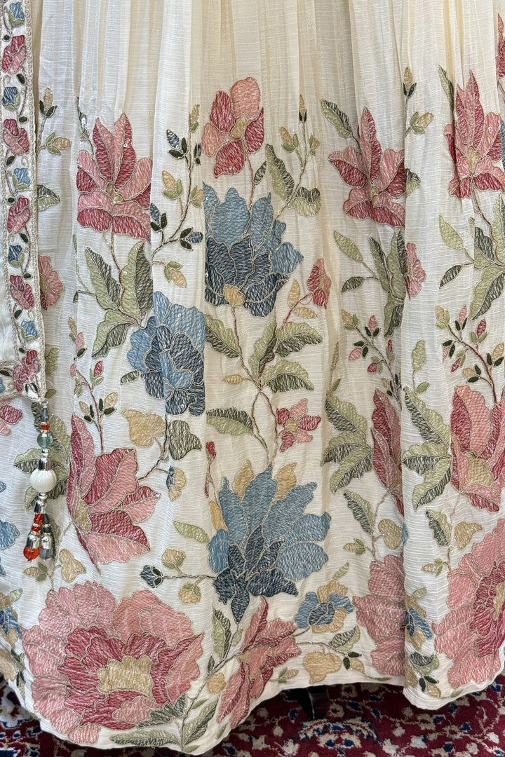 Cream Multicolor Thread, Beads, Zari Thread and Sequins work Crop Top Lehenga