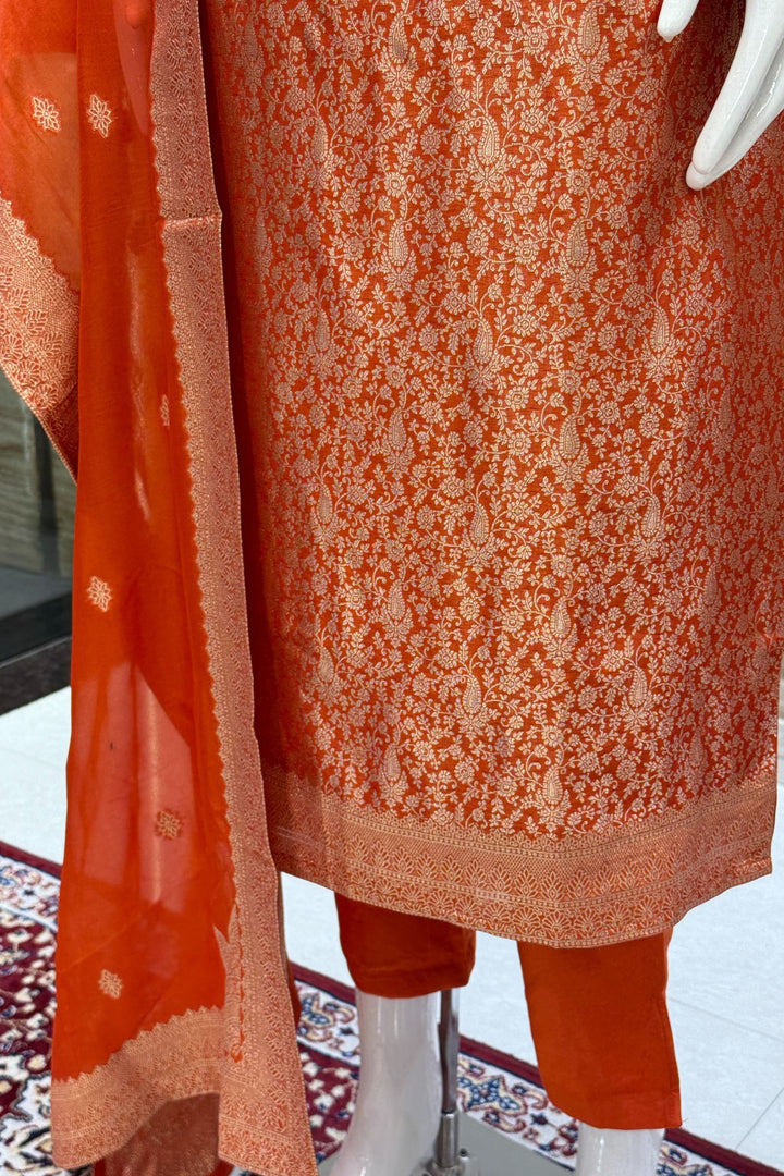 Orange Zardozi, Stone, Thread and Brocade work Straight Cut Salwar Suit